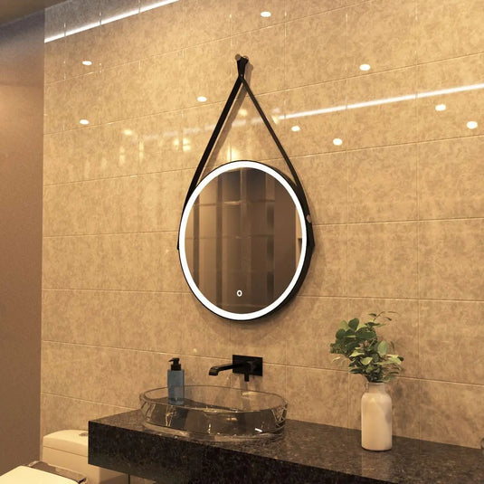 Gleam Hanging LED Bathroom Mirror - 600mm - Matte Black in warm white light, loo setting