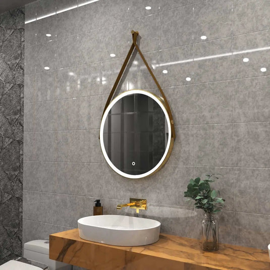 Gleam Hanging LED Bathroom Mirror - 600mm - Brushed Titanium Gold in natural white light, loo setting