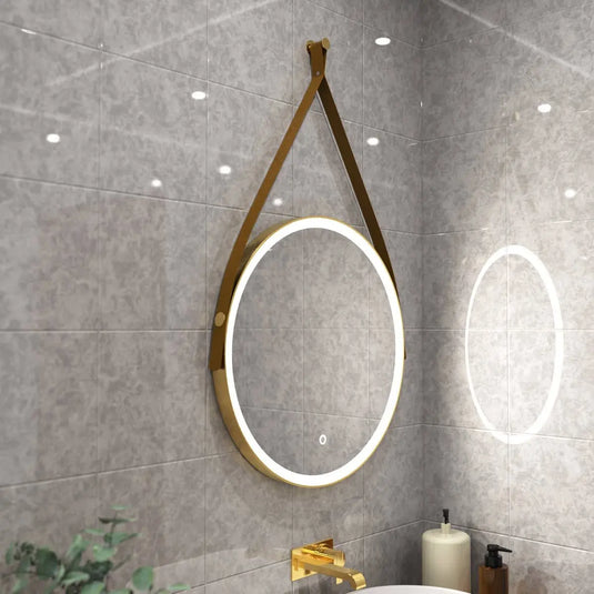 Gleam Hanging LED Bathroom Mirror - 600mm - Brushed Titanium Gold in natural white light mounted above the sink