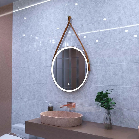 Gleam Hanging LED Bathroom Mirror - 600mm - Brushed Rose Gold in cool white light, loo setting