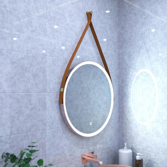 Gleam Hanging LED Bathroom Mirror - 600mm - Brushed Rose Gold in cool white light mounted above the sink