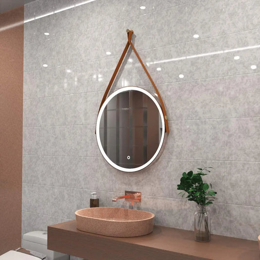 Gleam Hanging LED Bathroom Mirror - 600mm - Brushed Rose Gold in natural white light, loo setting