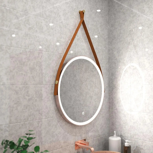 Gleam Hanging LED Bathroom Mirror - 600mm - Brushed Rose Gold in natural white light, mounted above the sink