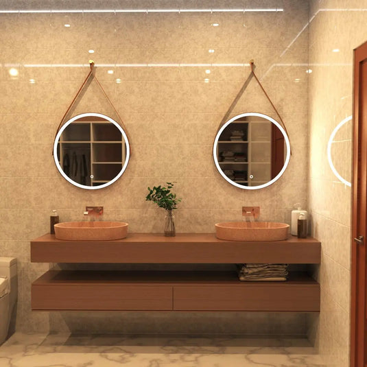 Gleam Hanging LED Bathroom Mirror - 600mm - Brushed Rose Gold in warm white light powder room seting
