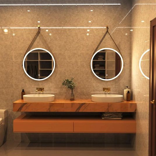 Gleam Hanging LED Bathroom Mirror - 600mm - Brushed Titanium Gold in warm white light, powder room setting