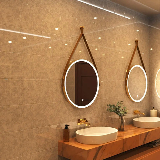 Gleam Hanging LED Bathroom Mirror - 600mm - Brushed Titanium Gold in warm white light mounted above the sinks