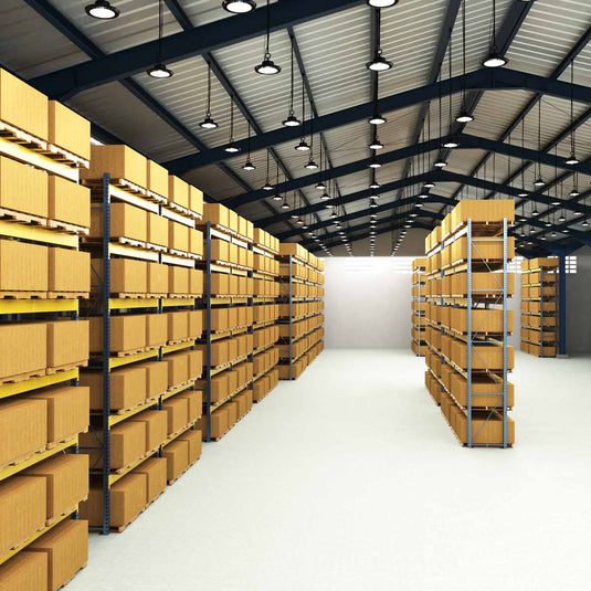 Warehouse lit by 200w LED high bay lights