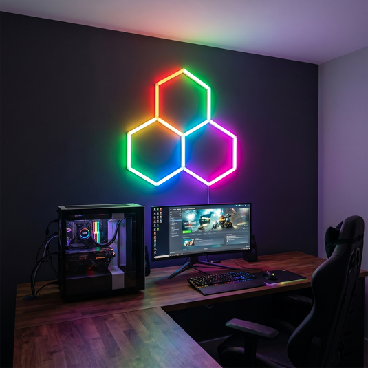 RGB hexagon LED lights on a gaming room wall