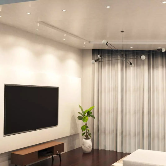 living room corner with White GU10 Tilt Downlight in natural white light