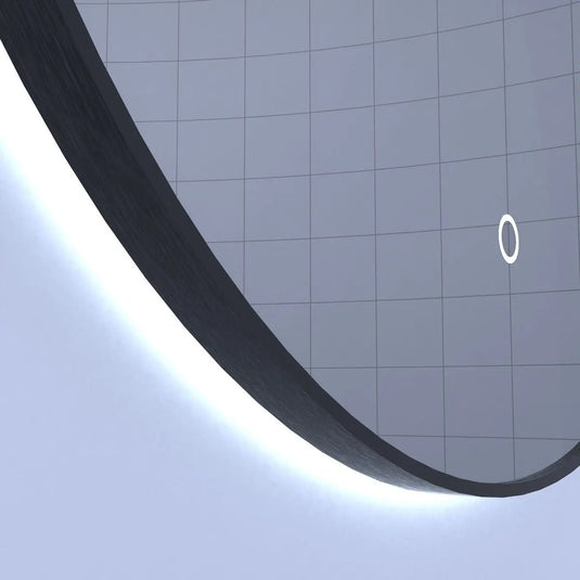 Luxe, 600mm LED Bathroom Mirror - Brushed Black close up shot on frame, backlit with cool white light