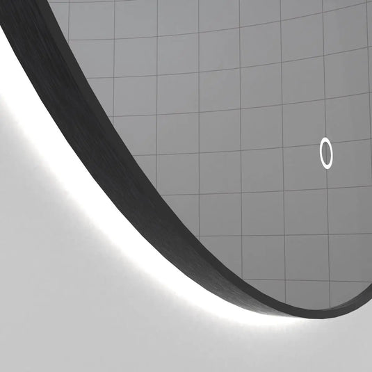 Luxe, 600mm LED Bathroom Mirror - Brushed Black close up shot on frame, backlit with natural white light