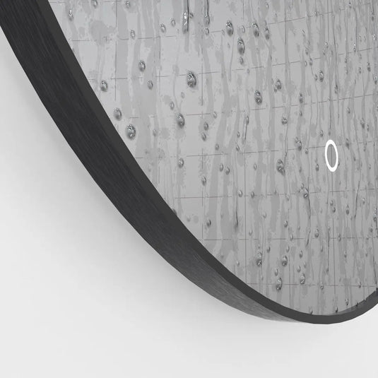 Luxe, 600mm LED Bathroom Mirror - Brushed Black close up shot on frame, waterproof, touch switch