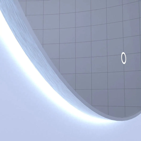 Luxe, 600mm LED Bathroom Mirror - Brushed Silver close up shot on frame, backlit with cool white light