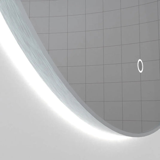 Luxe, 600mm LED Bathroom Mirror - Brushed Silver close up shot on frame, backlit with natural white light