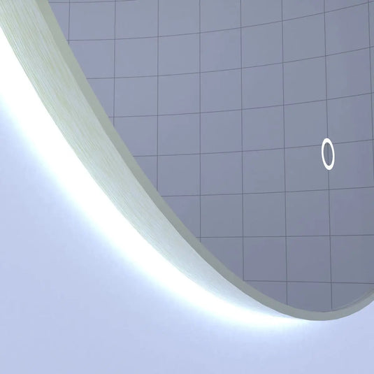 Luxe, 600mm LED Bathroom Mirror - Brushed Titanium Gold close up shot on frame, backlit with cool white light