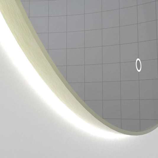 Luxe, 600mm LED Bathroom Mirror - Brushed Titanium Gold close up shot on frame, backlit with natural white light