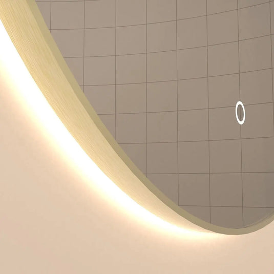 Luxe, 600mm LED Bathroom Mirror - Brushed Titanium Gold close up shot on frame, backlit with warm white light