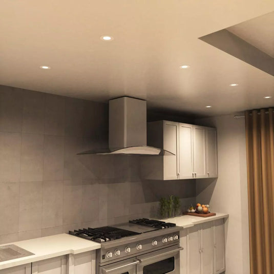 Fire Rated Downlights, White in natural white light corner of kitchen setting