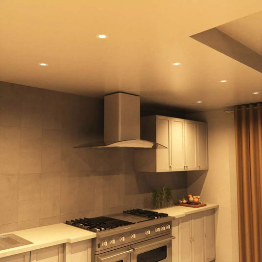 Fire Rated Downlights, White in warm white light corner of kitchen setting