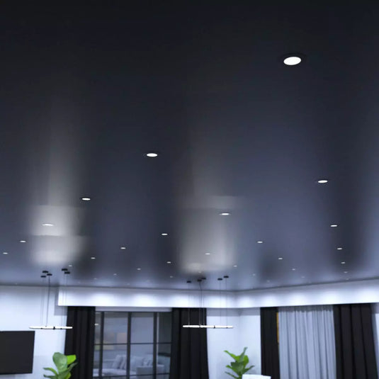 6w Fire Rated Downlight, Matt Black in living room with Cool white light mounted in ceiling