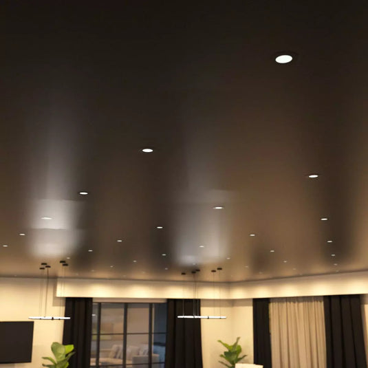 6w Fire Rated Downlight, Matt Black in living room with Warm white light mounted in ceiling