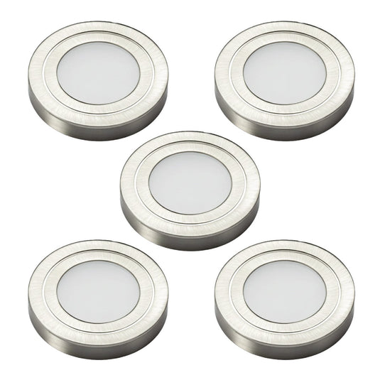 Five natural white cabinet lights in brushed nickel