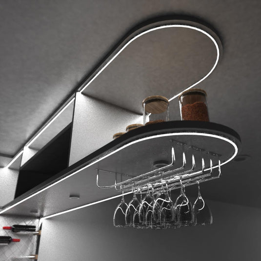 Close up of a home bar with natural white neon flex