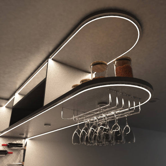 Close up of a home bar with warm white neon flex
