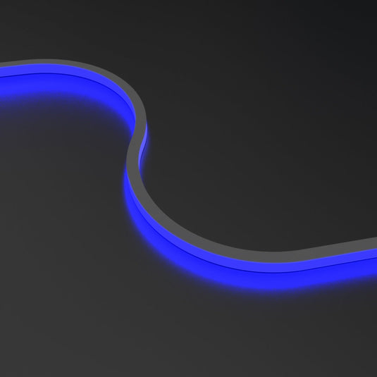 RGB neon flex glowing blue in an S curve