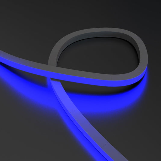 Close up of looped RGB neon flex glowing blue