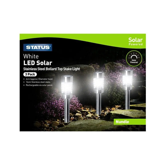 Pack of 3 Nundle LED Solar Bollard Top Stake Lights in a box