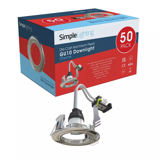 Pack of 50 GU10 Downlight, Fixed, Die Cast in a Chrome Finish