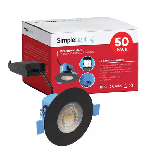 Pack of 50 6w, Colour Adjustable Fire Rated Downlights, Matt Black