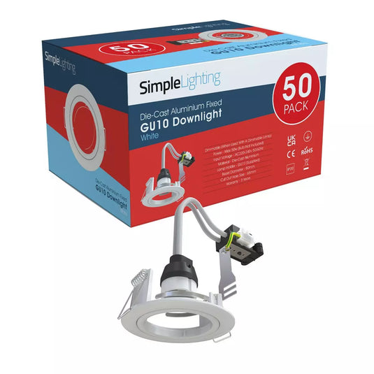 Pack of 50 Fixed, GU10, Die Cast Downlight with a White Bezel