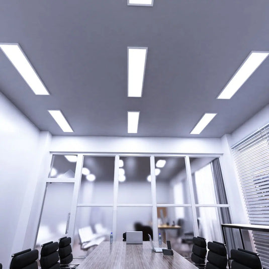 1200x300mm Surface Mounting Frame For LED Panel Lights in cool white light mounted on the ceiling, conference room setting