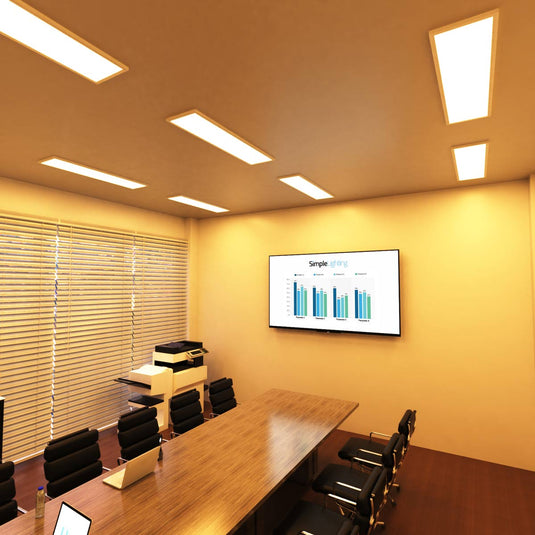 Meeting room lit by surface mounted LED panels