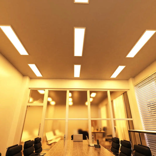 1200x300mm Surface Mounting Frame For LED Panel Lights in warm white light mounted on the ceiling inside conference room