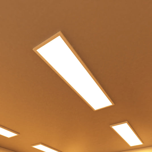Close up of a surface mounted LED panel on a meeting room ceiling
