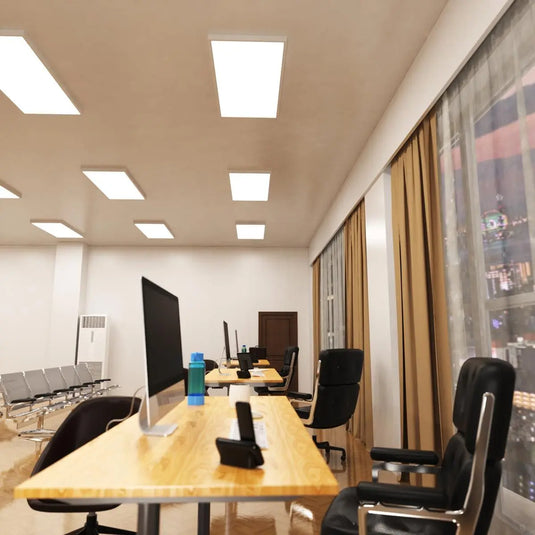 1200x600mm Surface Mounting Frame For LED Panel Lights in natural white light, mounted above desk