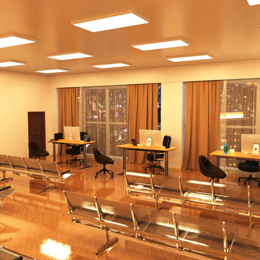 Room lit by warm white surface mounted LED panels
