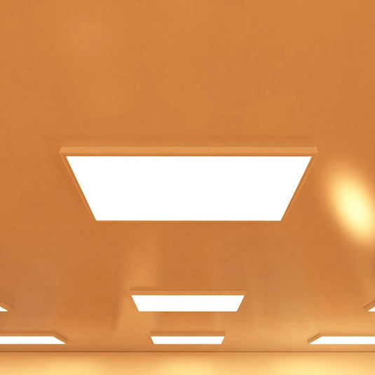 1200 x 600mm Surface Mounted LED Panel Light in warm white light mounted in the ceiling
