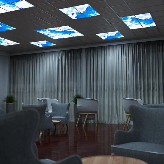 waiting area featuring LED panels with skyline display