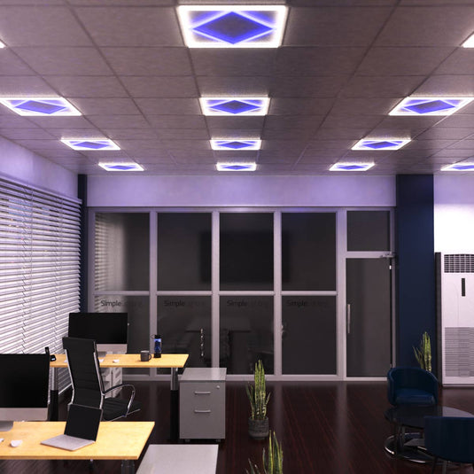 Office ceiling with the double square panel in natural white