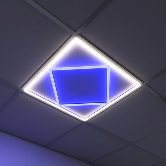 Double square LED panel lit in natural white with blue centre