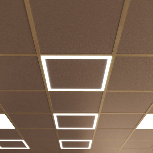 Natural white edge lit panels in a ceiling, mid shot