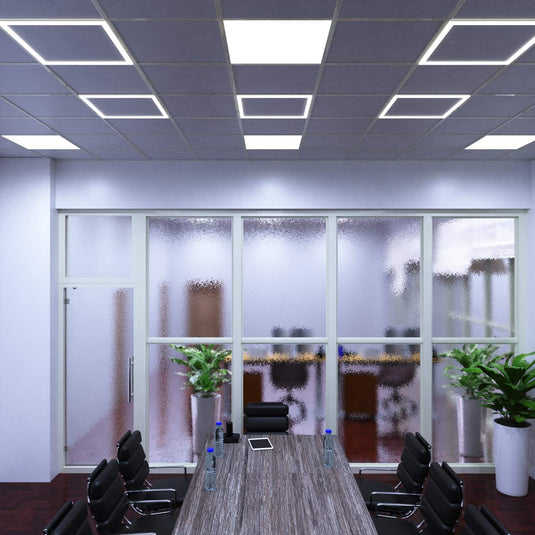Office lit by edge lit panels in cool white