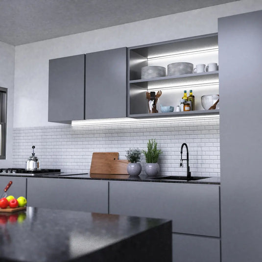 Corner Aluminium LED Profiles, 45 degrees cupboard, kitchen setting