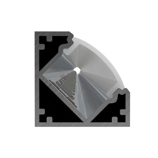 Corner Aluminium LED Profiles, 45 degrees hole view, with LED strip, front view shot