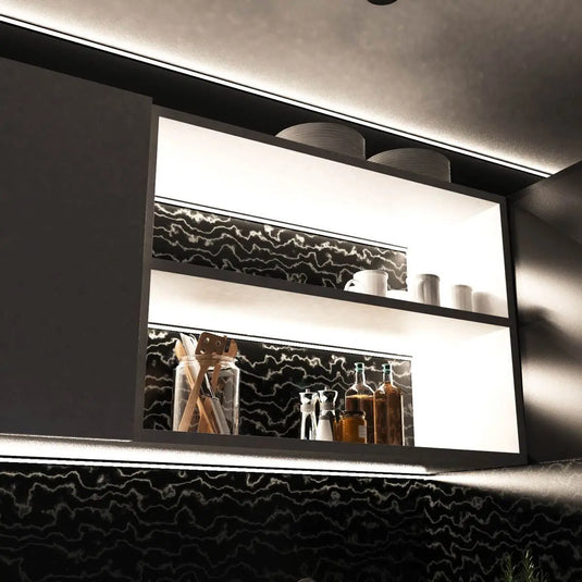 Black, Corner Aluminium Profile, With Frosted Diffuser inside cupboard, kitchen setting