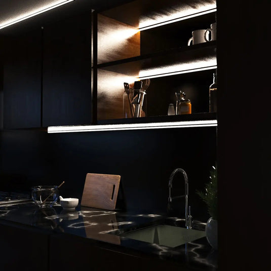 Corner 48 Degree Black Aluminium Profile undercabinet kitchen setting